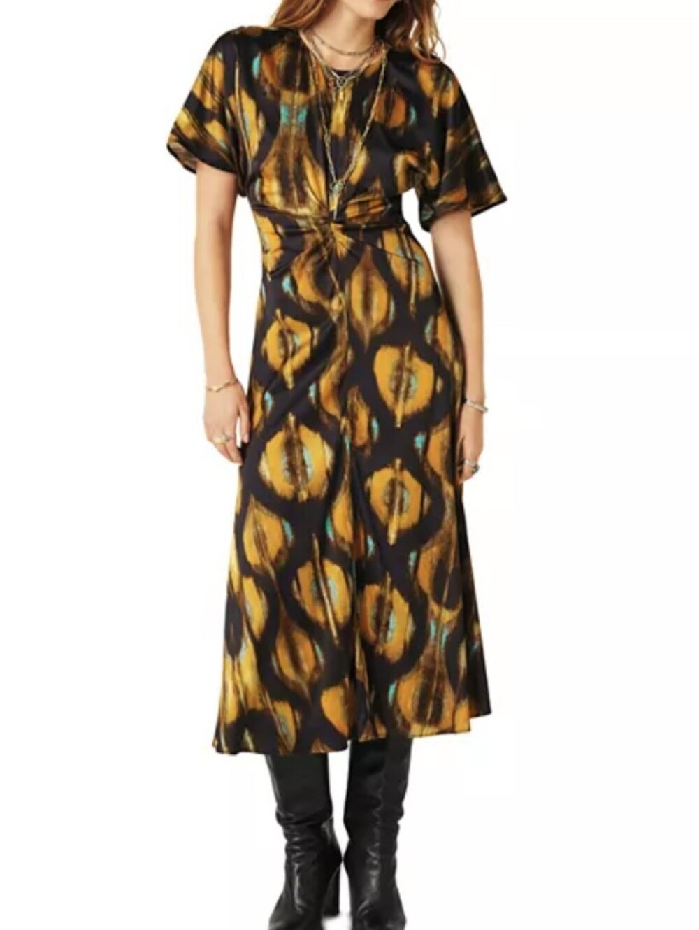 Ba&Sh Soleil midi Printed Twist-Waist Midi Dress in Black and Mustard Size XS